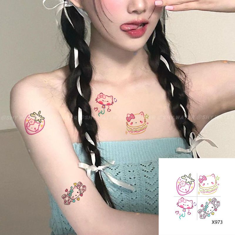 New Cartoon Kitty Cat Colorful Tattoo Applique Arm Soft Girl Cute Girl Heart Bow Washable Waterproof Student