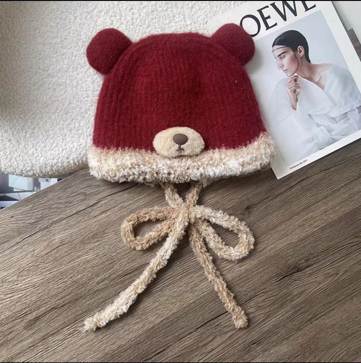 Popular Bear Plush Hat Winter Women's Autumn and Winter Velvet Cold Protection Knitted Woolen Cap Fur Earflaps Warm