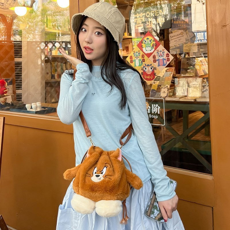 Cat and Mouse Plush Hand-Carrying Bag Cute Personality Drawstring Bag Furry Children's Bags Sweet Girl Storage Small Bag