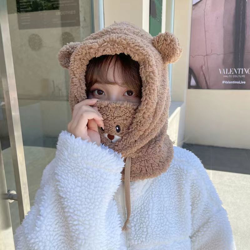 Cute Bear Earflaps Cap Winter Thickened Cycling Thermal and Windproof Winter Autumn and Winter Mask Scarf Scarf Integrated