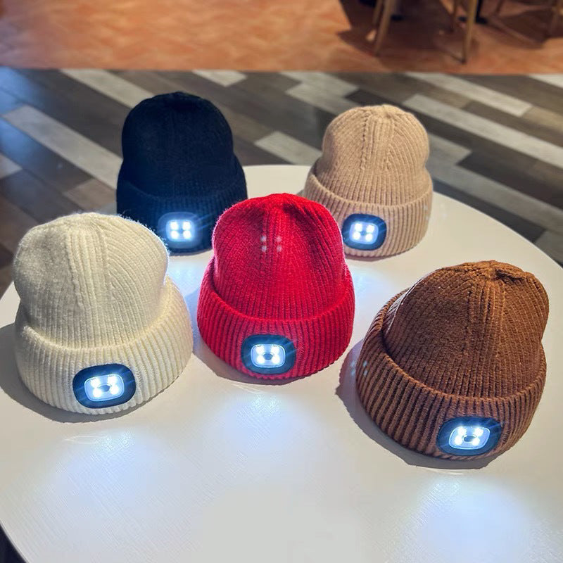 Boys and Girls Autumn and Winter with Light Woolen Cap Ear Protection Cycling LED Light Luminous Light Night Road Outdoor Lighting Hat