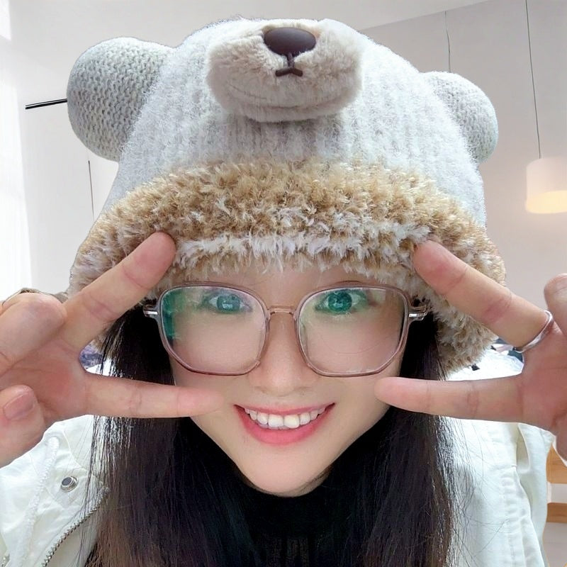 Popular Bear Plush Hat Winter Women's Autumn and Winter Velvet Cold Protection Knitted Woolen Cap Fur Earflaps Warm