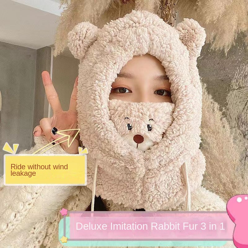 Cute Bear Earflaps Cap Winter Thickened Cycling Thermal and Windproof Winter Autumn and Winter Mask Scarf Scarf Integrated