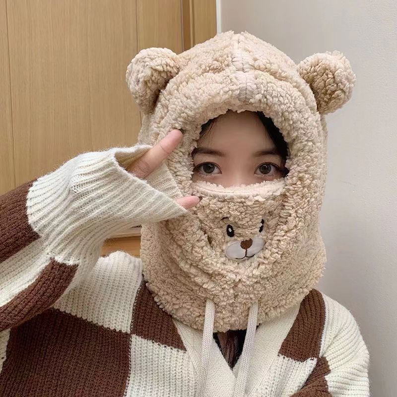 Cute Bear Earflaps Cap Winter Thickened Cycling Thermal and Windproof Winter Autumn and Winter Mask Scarf Scarf Integrated