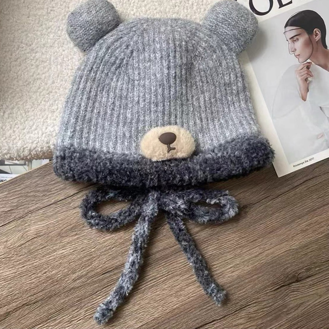 Popular Bear Plush Hat Winter Women's Autumn and Winter Velvet Cold Protection Knitted Woolen Cap Fur Earflaps Warm