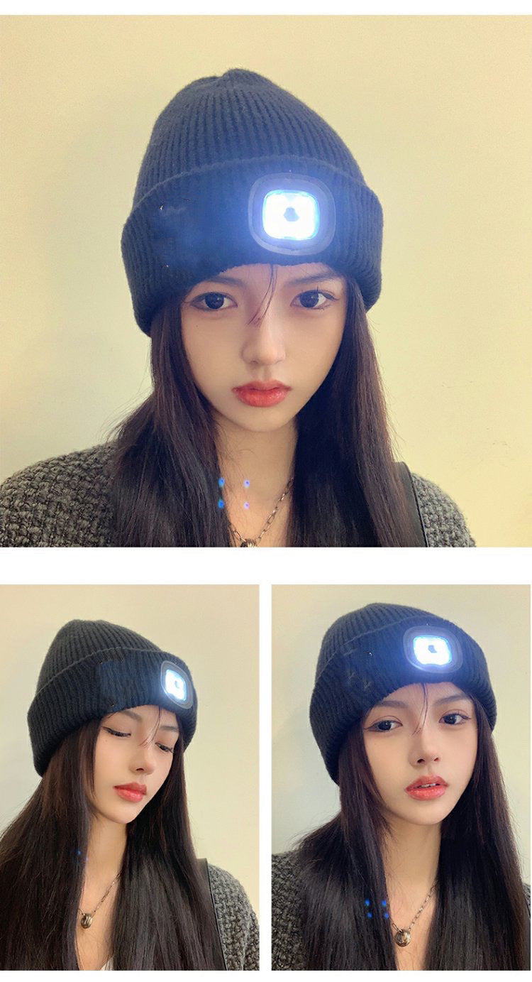 Boys and Girls Autumn and Winter with Light Woolen Cap Ear Protection Cycling LED Light Luminous Light Night Road Outdoor Lighting Hat