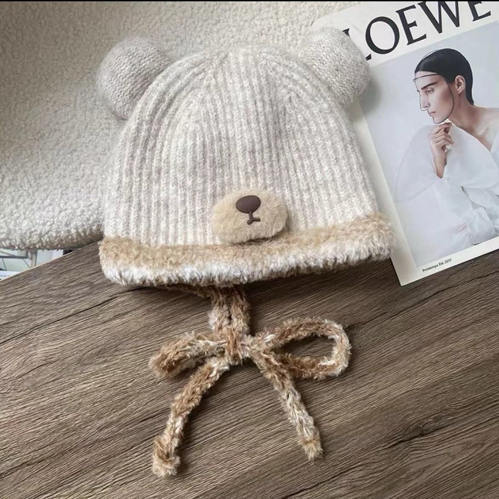 Popular Bear Plush Hat Winter Women's Autumn and Winter Velvet Cold Protection Knitted Woolen Cap Fur Earflaps Warm