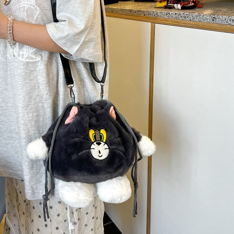 Cat and Mouse Plush Hand-Carrying Bag Cute Personality Drawstring Bag Furry Children's Bags Sweet Girl Storage Small Bag