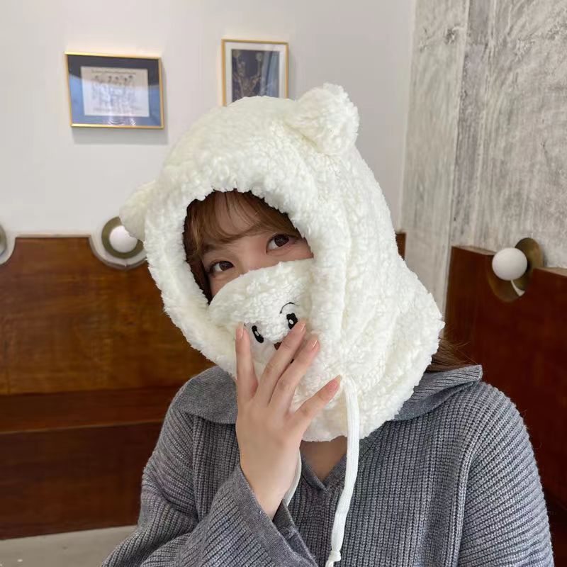 Cute Bear Earflaps Cap Winter Thickened Cycling Thermal and Windproof Winter Autumn and Winter Mask Scarf Scarf Integrated